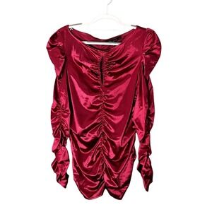 Marc New York Andrew Blouse L Satin Scrunch Ruched Cinched Burgundy Whimsigoth‎